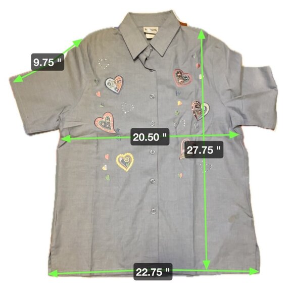 BonWorth Blue Short Sleeve Heart Embroidered Button Up Blouse Top SZ Small - Picture 7 of 7